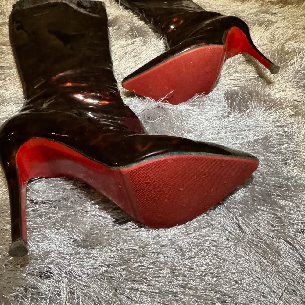 Christian Louboutin Black Patent Calf High Stiletto Boots with Red Soles